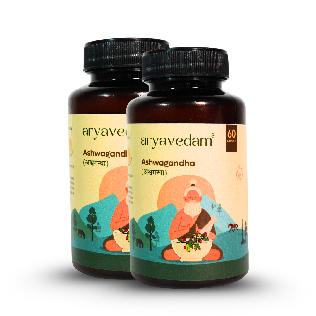 Aryavedam Ashwgandha Capsules | Ayurvedic Support for Stress, Sleep & Stamina (60 Capsules) Boosts Energy, Reduces Fatigue & Promotes Mental Clarity Naturally