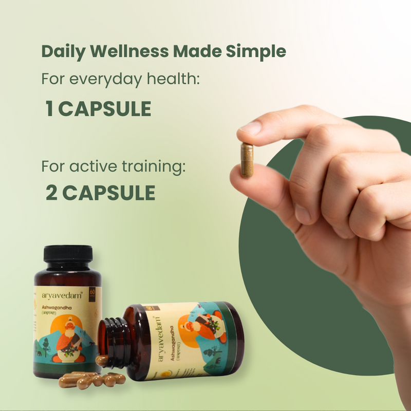 Aryavedam Ashwgandha Capsules | Ayurvedic Support for Stress, Sleep & Stamina (60 Capsules) Boosts Energy, Reduces Fatigue & Promotes Mental Clarity Naturally