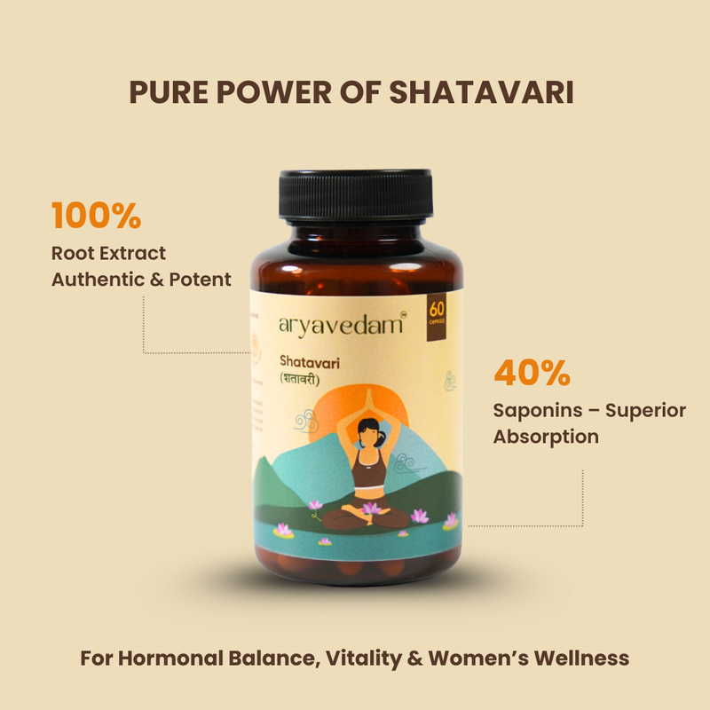 Aryavedam Shatavari Capsules | Natural Hormonal Balance & Women’s Wellness (60 Capsules) Plant-Based Support for Hormonal Health, Vitality & Reproductive Strength