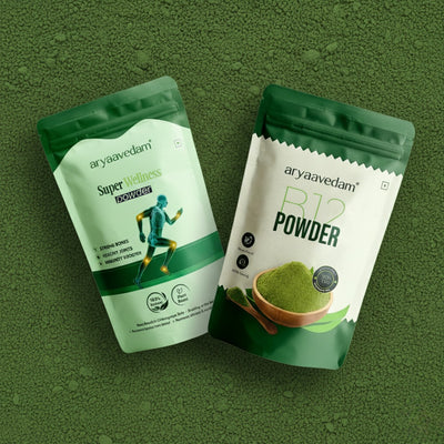 Aryavedam Combo Pack – B12 Powder + Super Wellness Powder | Plant-Based Daily Wellness Support (2 x 200g)